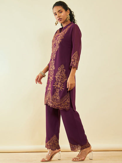 Dhiyona SO Women's Maroon Ethnic Motifs Embroidered Regular Thread Work Kurta with Palazzos