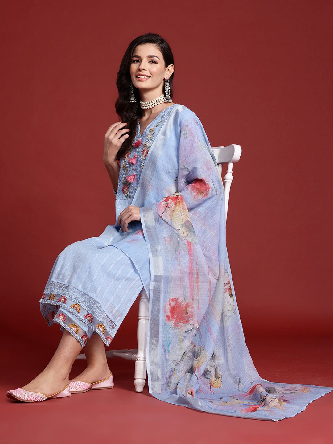 Dhiyona IE Floral Embroidered Tassel Detailed Pure Cotton Kurta & Trousers With Dupatta