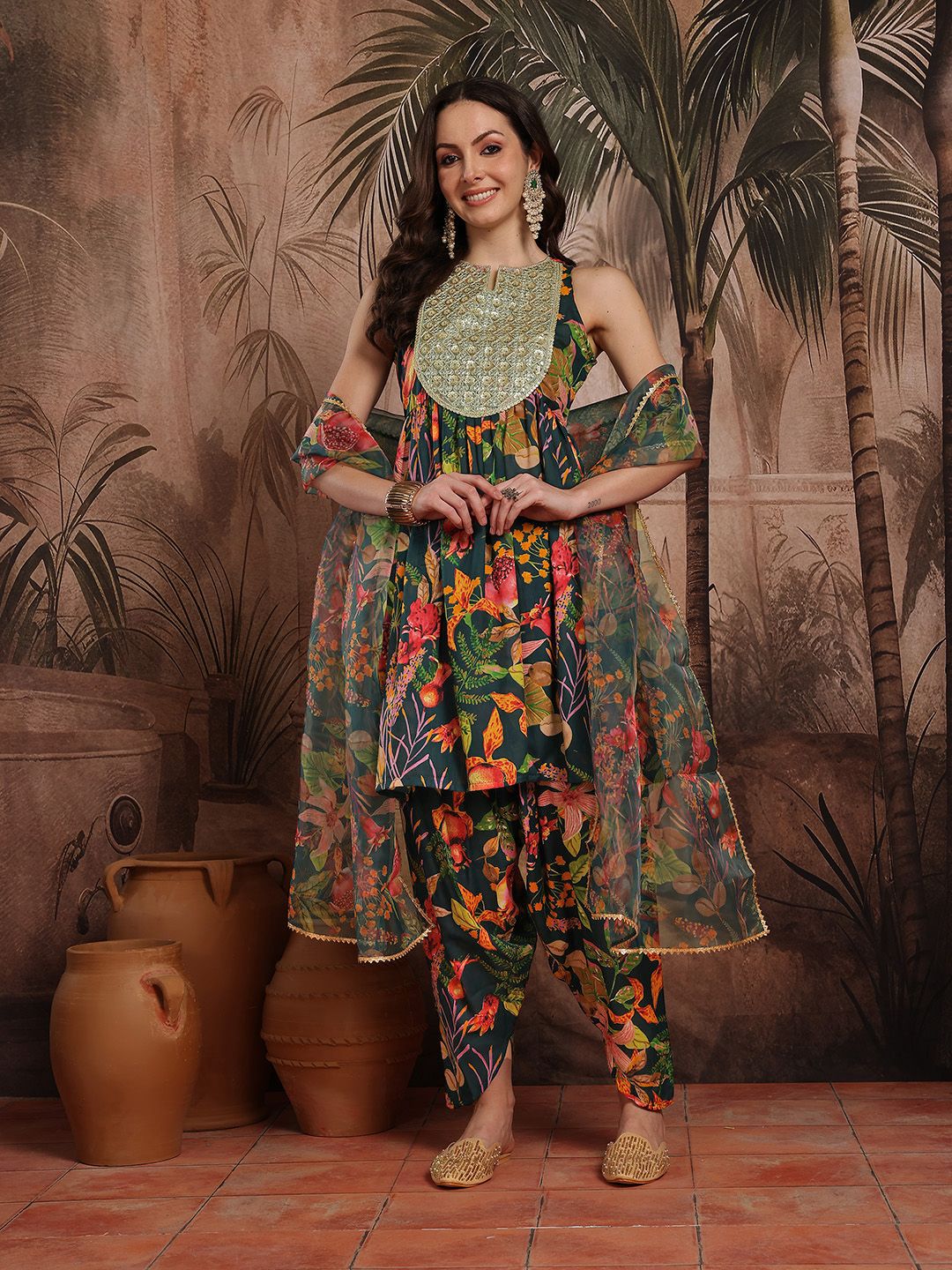 Dhiyona SN Women's Floral Printed Pleated Sequinned Kurta with Dhoti Pants & Dupatta