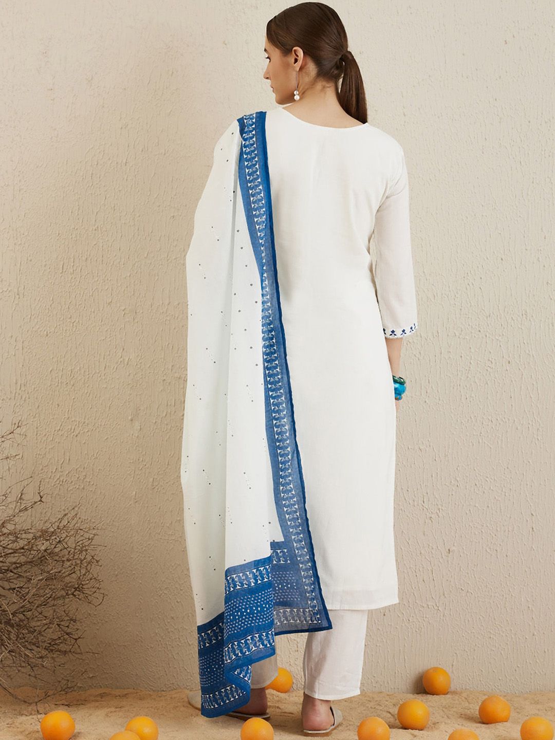 V Neck Ethnic Embroidered Pure Cotton Straight Kurta with Trouser & Dupatta