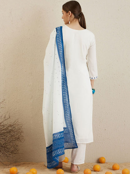 V Neck Ethnic Embroidered Pure Cotton Straight Kurta with Trouser & Dupatta