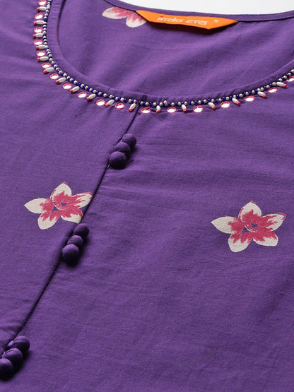 Dhiyona IE Floral Printed Mirror Work Pure Cotton Kurta With Trousers & Dupatta