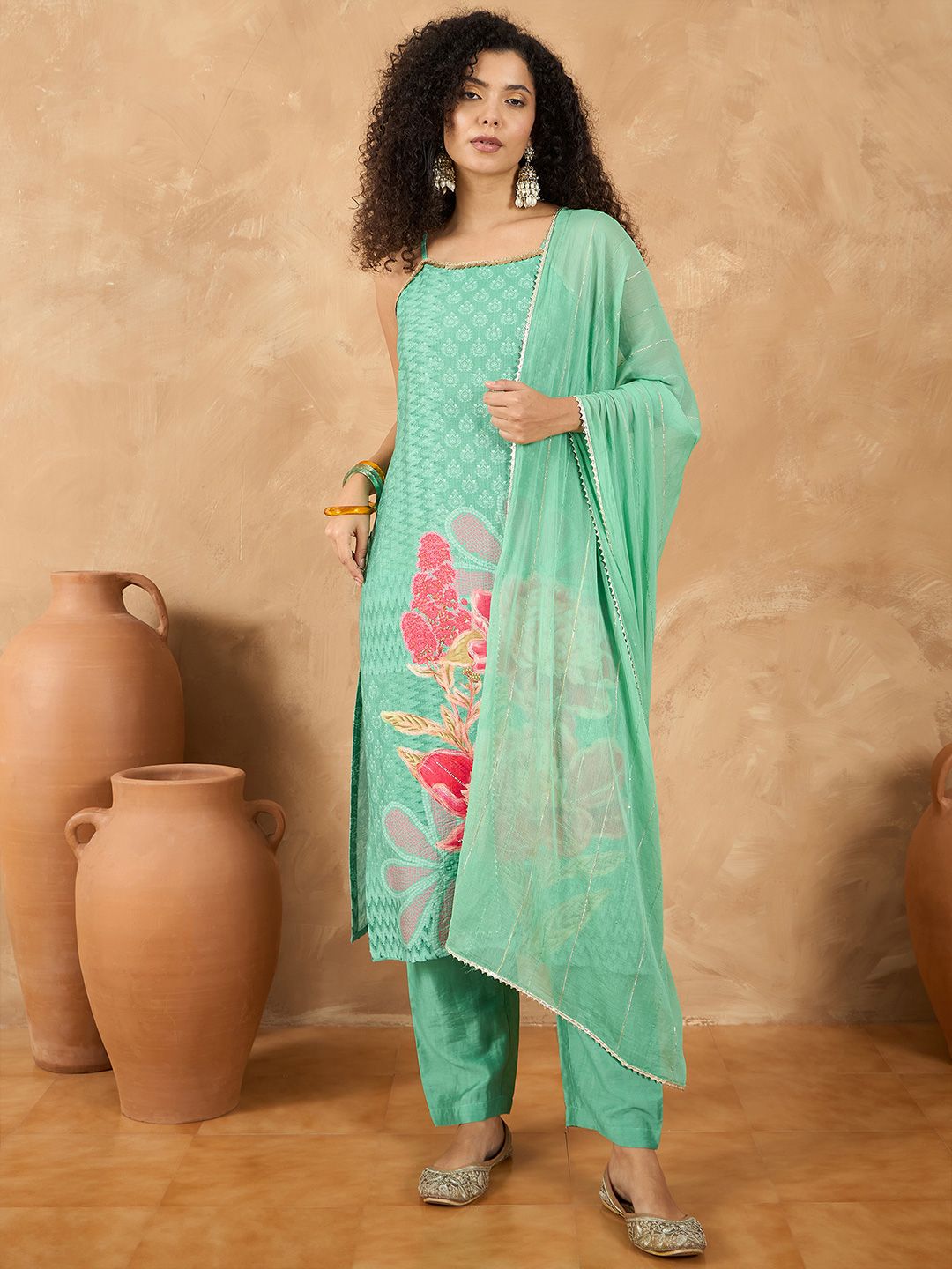 Dhiyona VA Women's Spaghetti Strap Floral Kurta with Trousers and Dupatta