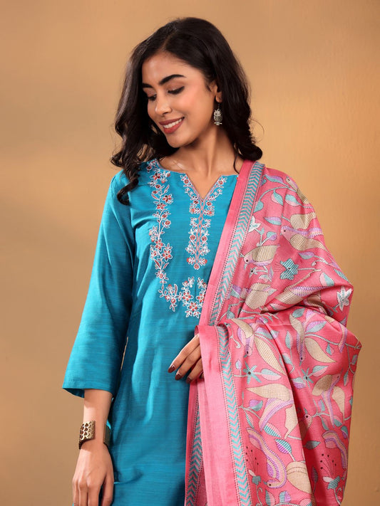 Dhiyona VA Women'sTurquoise Blue Floral Yoke Design Thread Work Kurta With Trouser & Dupatta