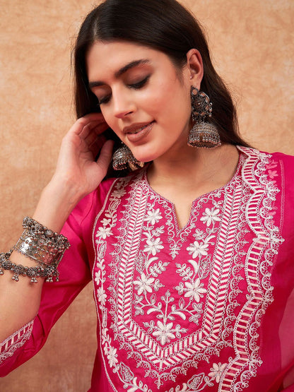 Dhiyona IE Floral Yoke Design Regular Thread Work Kurta With Trousers & Dupatta