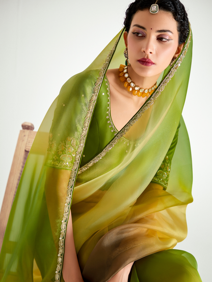 Dhiyona KM Women Green Shade Organza Saree