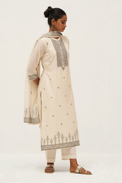 Women's Gardenia Cream Woven Cotton Salwar Suit With Hand Embellishment