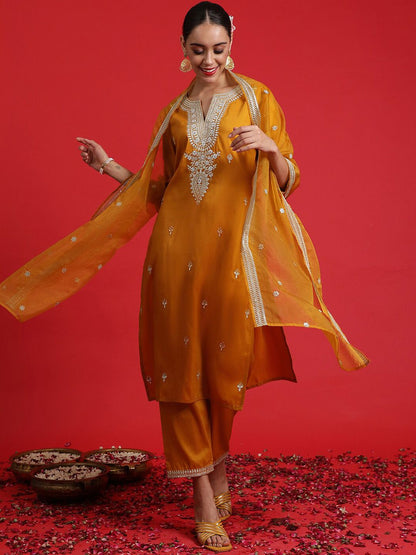Dhiyona IE Ethnic Motifs Embroidered Sequinned Straight Kurta & Trousers With Dupatta