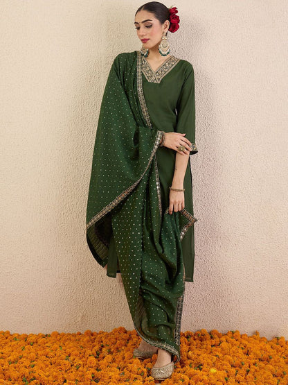 Women Ethnic Motifs Embroidered Regular Kurta with Trousers & With Dupatta