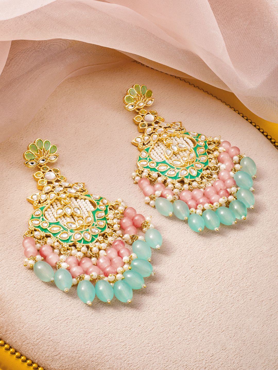 Dhiyona RJ Women's 22K Gold-Plated Kundan & Green Enamel Chandbali Earrings with Pink & Aqua Blue Bead
