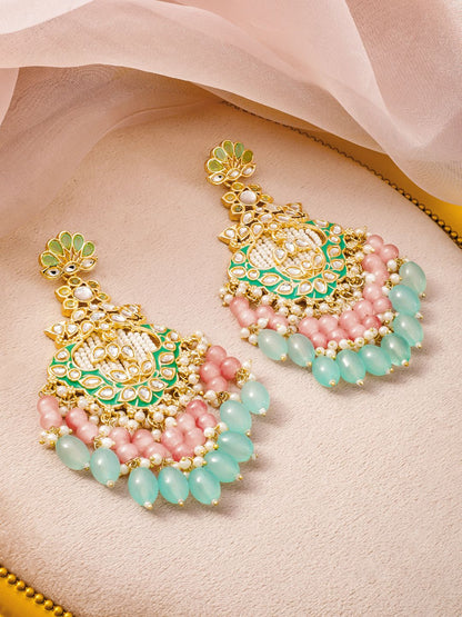 Dhiyona RJ Women's 22K Gold-Plated Kundan & Green Enamel Chandbali Earrings with Pink & Aqua Blue Bead