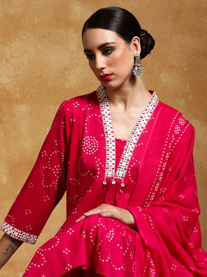 Dhiyona VA Women's Bandhani Printed Regular Kurta with Trousers & With Dupatta