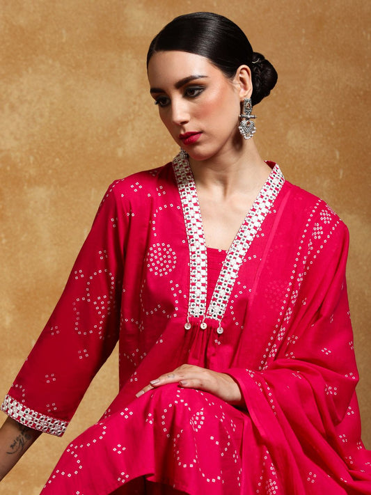 Dhiyona VA Women's Bandhani Printed Regular Kurta with Trousers & With Dupatta