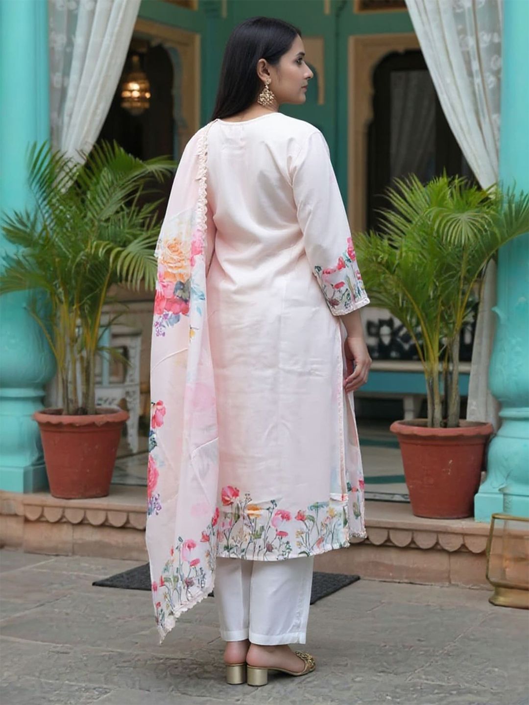 Floral Printed Linen Straight Kurta With Trousers & Dupatta