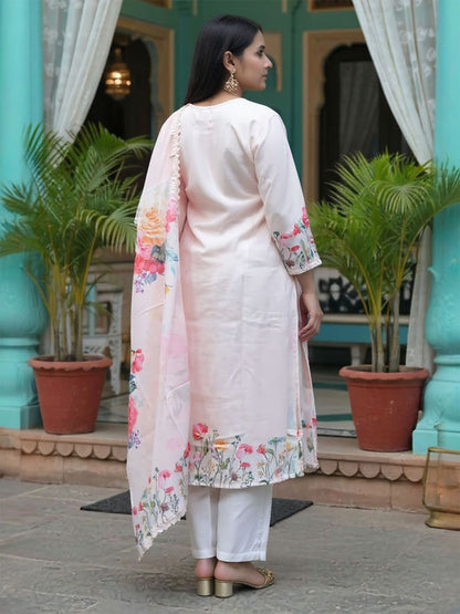 Floral Printed Linen Straight Kurta With Trousers & Dupatta