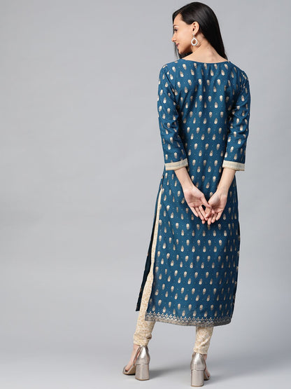 Dhiyona IE Women Navy Blue & Golden Foil Printed Straight Kurta