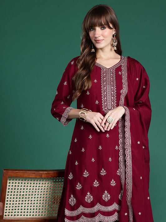 Dhiyona IE Ethnic Motifs Embroidered Kurta with Sharara & Dupatta