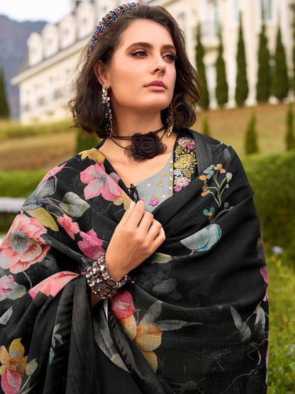 Floral Embroidered Thread Work Pure Cotton Kurta with Trousers & Dupatta