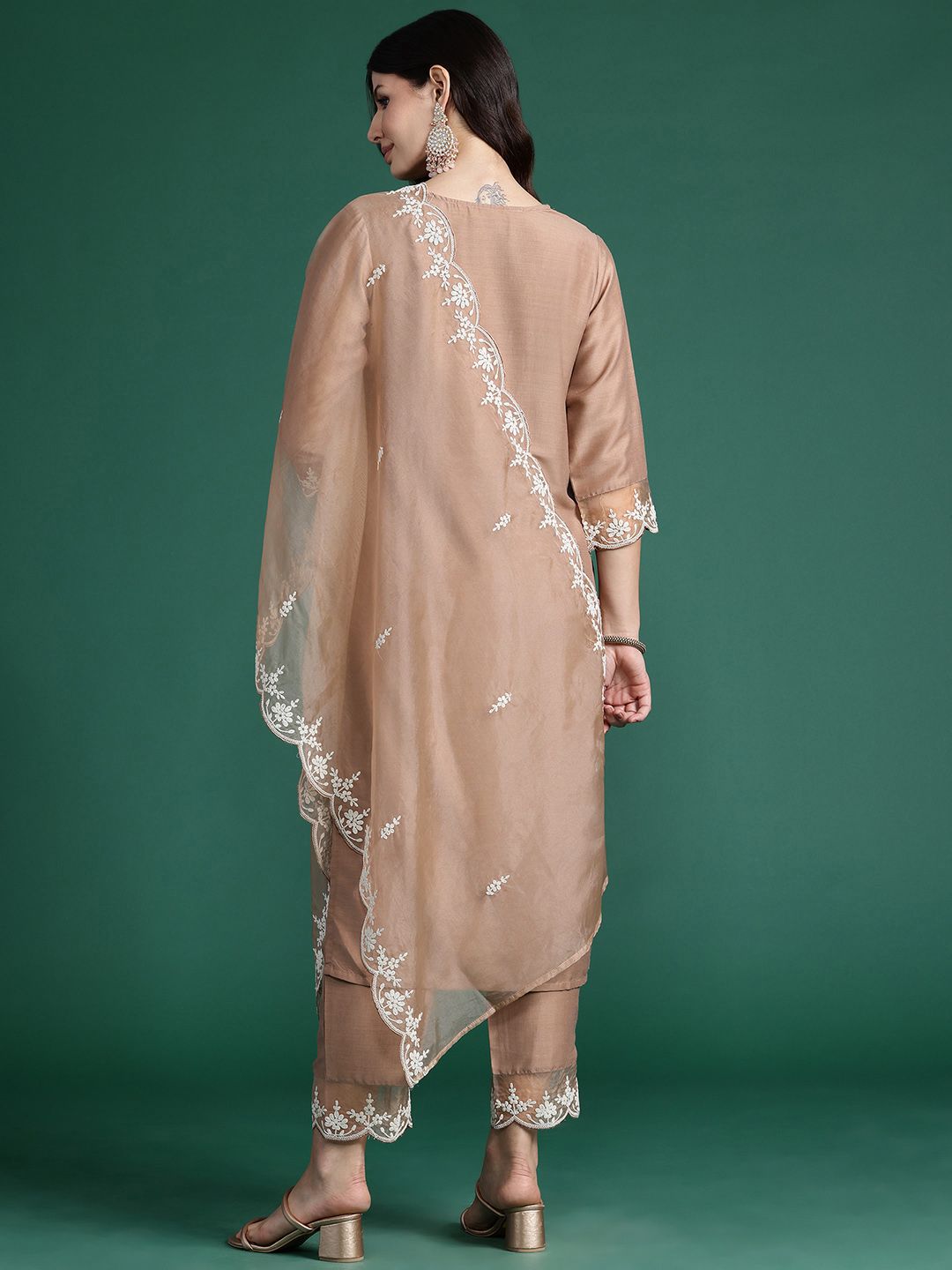 Floral Embroidered Thread Work Kurta With Trousers & Dupatta