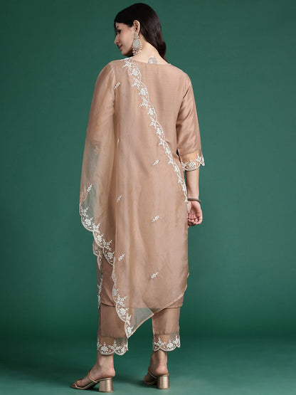 Floral Embroidered Thread Work Kurta With Trousers & Dupatta