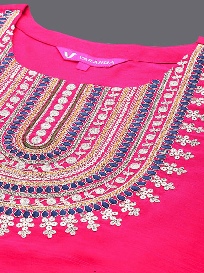 Dhiyona VA Women'sPink Ethnic Yoke Design Regular Thread Work Kurta & Trousers With Dupatta