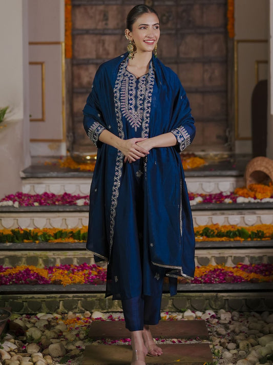 Dhiyona IE Women Ethnic Motifs Embroidered Regular Kurta with Trousers & With Dupatta
