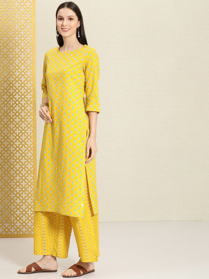 Dhiyona PD Women Women Yellow Printed Cotton Rozana Kurta with Palazzos & With Dupatta