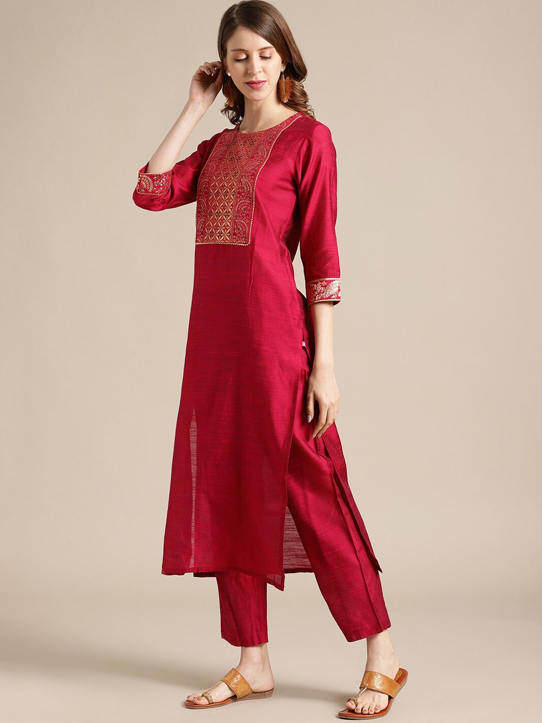 Dhiyona VA Women's Red Ethnic Motifs Yoke Design Kurta with Palazzos