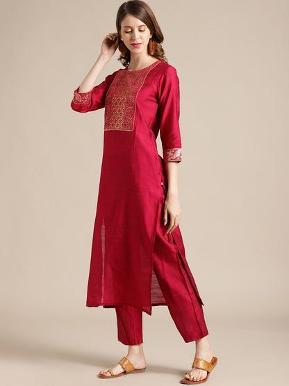 Dhiyona VA Women's Red Ethnic Motifs Yoke Design Kurta with Palazzos