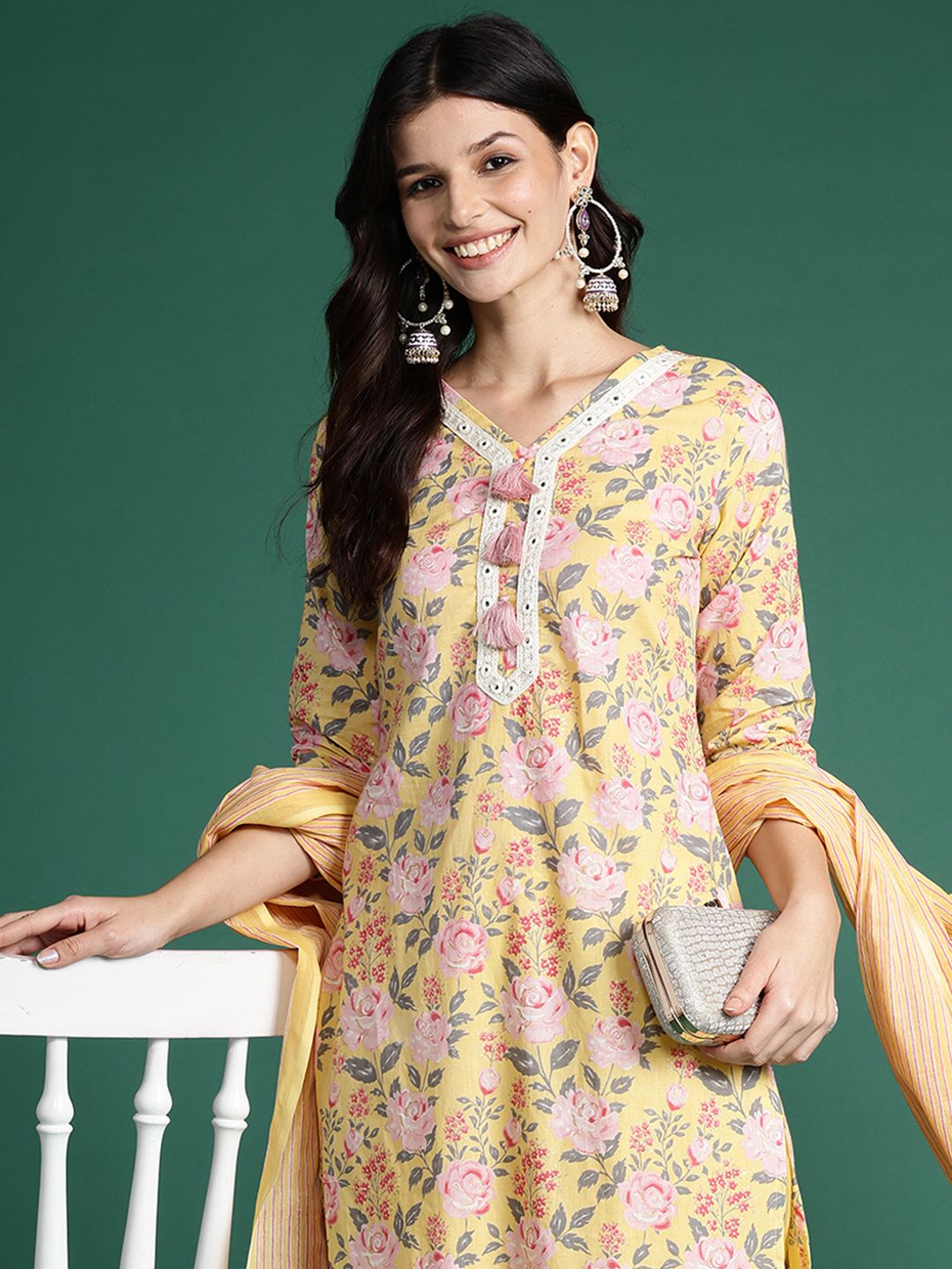 Dhiyona IE Floral Printed Thread Work Pure Cotton Kurta with Trousers & Dupatta