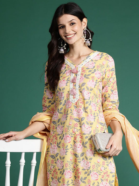 Dhiyona IE Floral Printed Thread Work Pure Cotton Kurta with Trousers & Dupatta