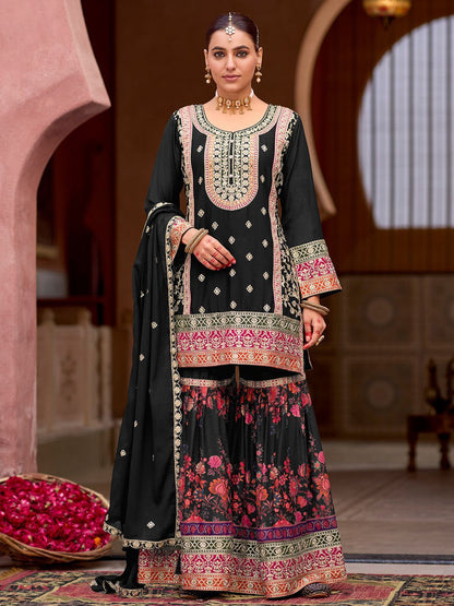 Dhiyona IE Floral Embroidered Sequinned Straight Kurta With Sharara & Dupatta