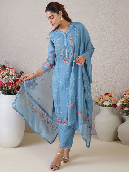 Dhiyona IE Floral Embroidered V-Neck Thread Work Straight Kurta & Trousers & Dupatta