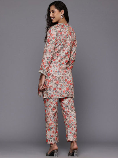 Dhiyona VA Women'sGrey Floral Printed Mandarin Collar Straight Kurta With Trousers