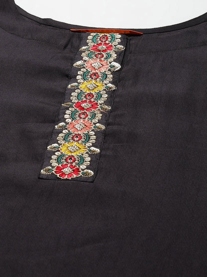 Women Black Regular Thread Work Liva Kurta with Trousers & Dupatta