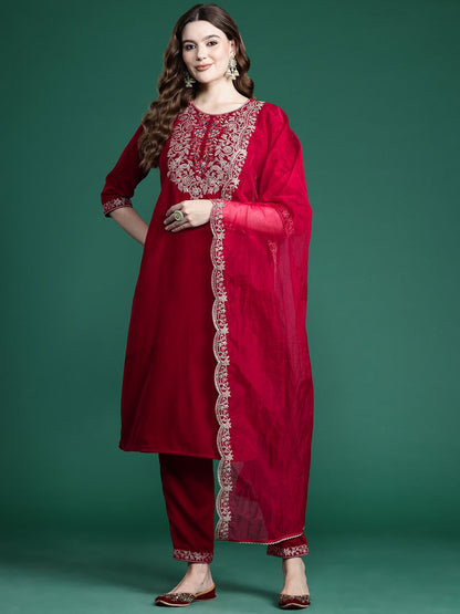 Dhiyona IE Ethnic Motifs Embroidered Velvet Kurta with Trousers & With Dupatta