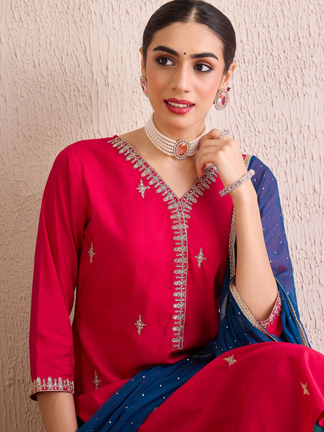 Dhiyona IE Women Ethnic Motifs Embroidered Regular Kurta with Trousers & With Dupatta