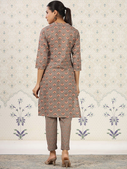 Dhiyona OD  Floral Printed Band Collar Pure Cotton Kurta with Trousers