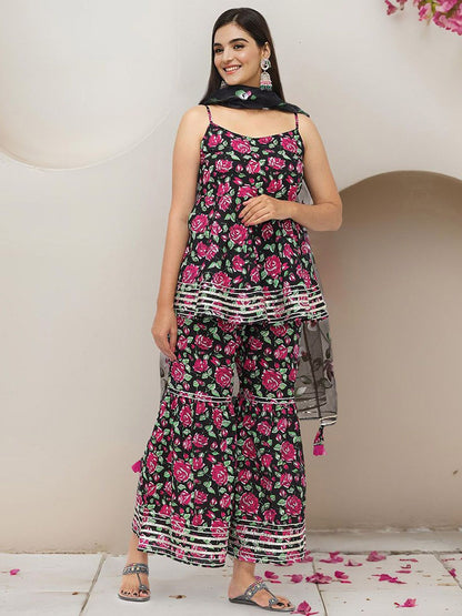 Dhiyona IS Women's Floral Printed Gotta Patti Pure Cotton Kurti with Sharara & Dupatta