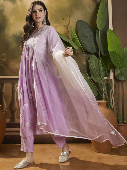 Dhiyona SN Women's Floral Embroidered V Neck Kurta Set With Dupatta