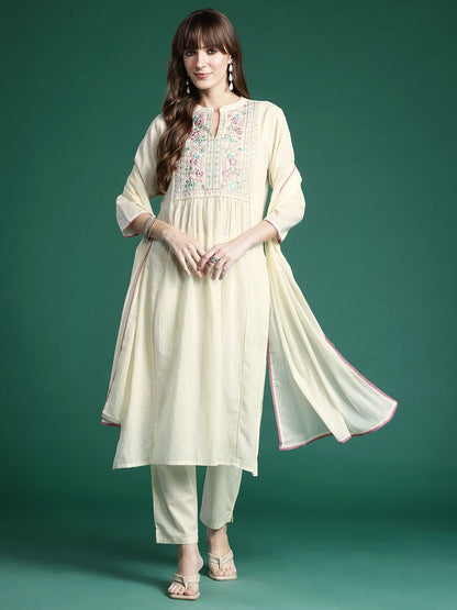 Dhiyona IE Floral Embroidered Panelled Thread Work Pure Cotton Kurta With Trousers & Dupatta