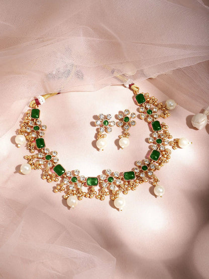 Dhiyona RJ Women's 22K Gold Plated Emerald & Zirconia Studded Necklace Set with Gold & Pearl Beaded