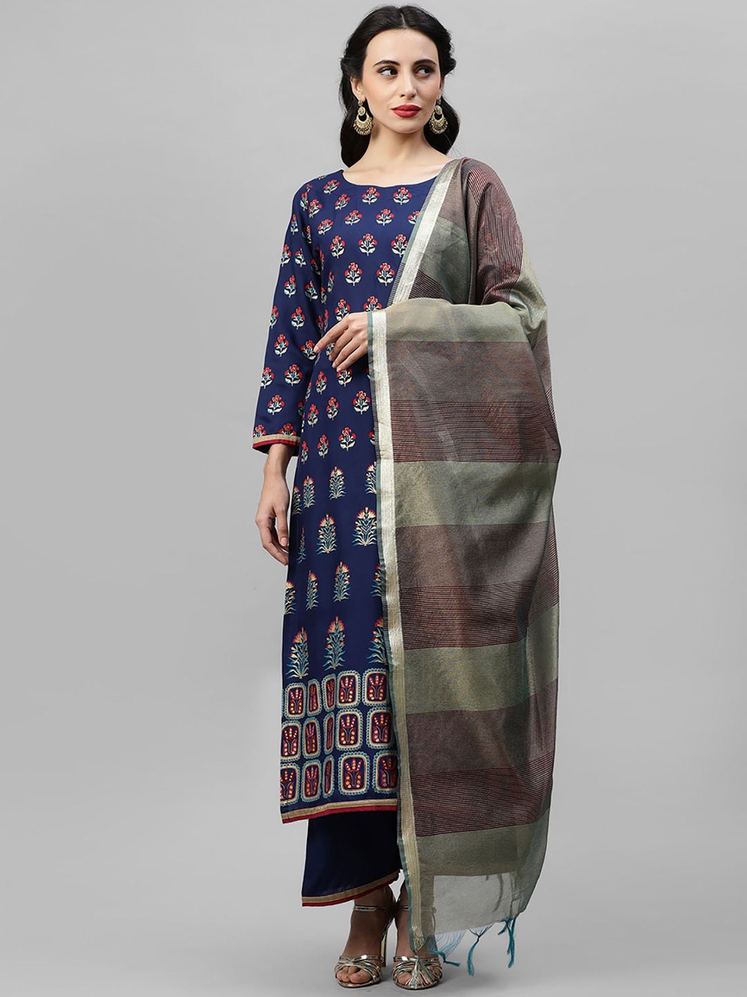 Dhiyona IE Women Navy Blue & Grey Printed Kurta with Patiala & Dupatta