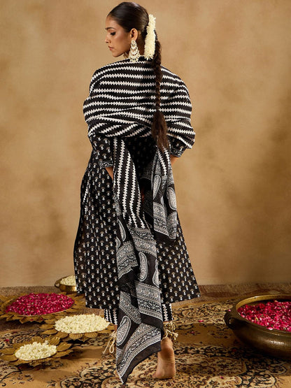 Dhiyona IE Black Ethnic Motifs Printed Pure Cotton Straight Kurta With Trousers & Dupatta