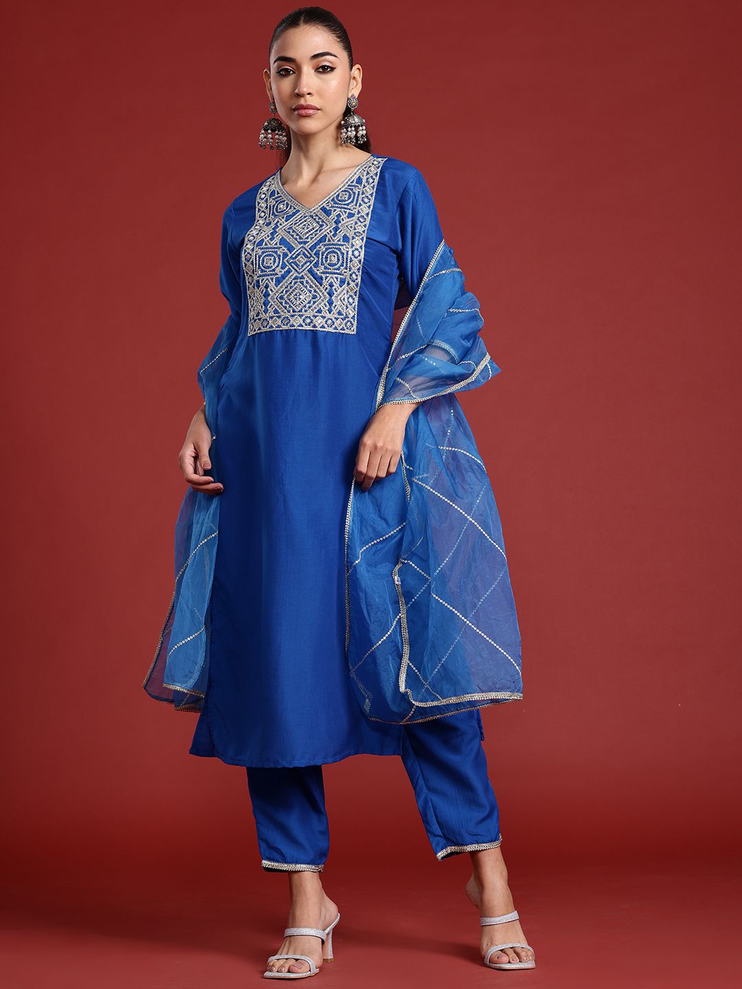 Yoke Design Zardozi Kurta With Trousers & Dupatta