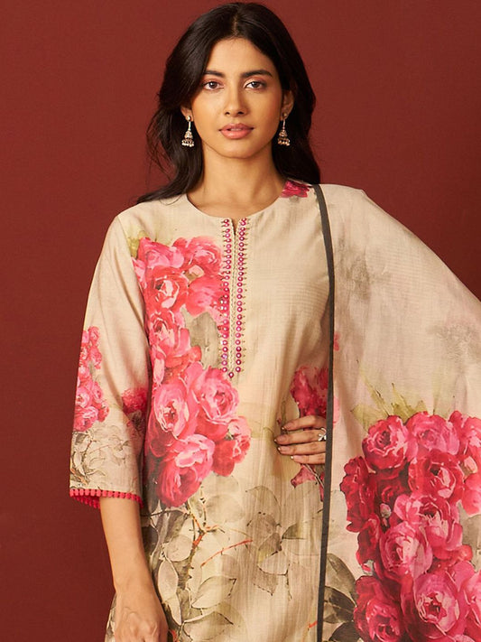 Dhiyona IE Floral Printed Notch-Neck Straight Kurta With Trousers And Dupatta