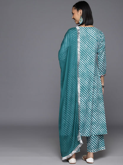 Dhiyona VA Women's Leheriya Striped Regular Mirror Work Cotton Kurta With Trousers & Dupatta