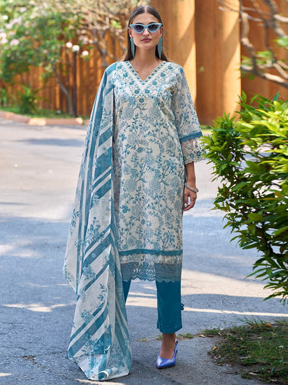 Dhiyona IE Floral Printed Regular Thread Work Pure Cotton Kurta with Trousers & Dupatta
