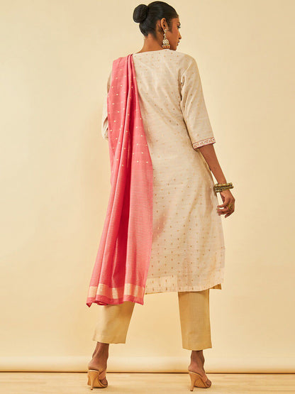Dhiyona SO Women's Cream Floral Embroidered Thread Work Straight Kurta With Trousers & Dupatta
