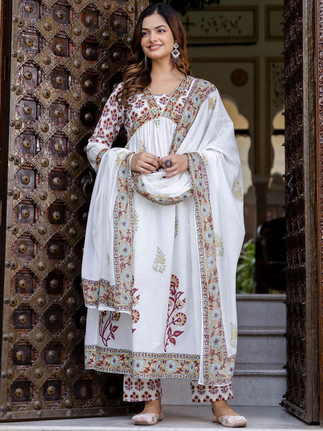 Floral Printed Empire Pure Cotton A-Line Kurta With Trousers & Dupatta